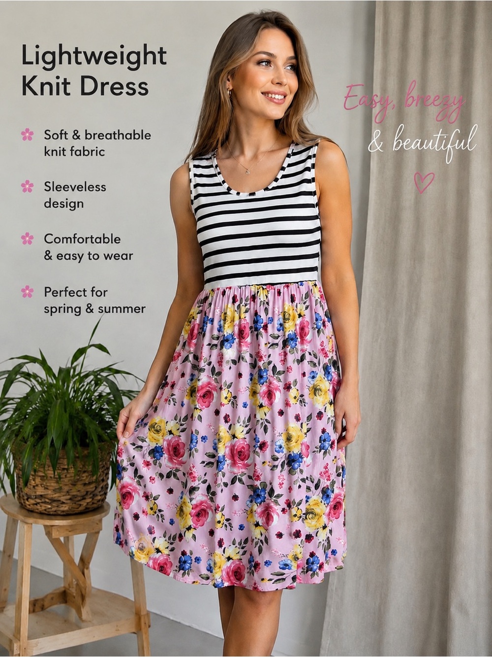 Sleeveless Pink Floral Skirt & Black-White Stripe Bodice Girls' Dress